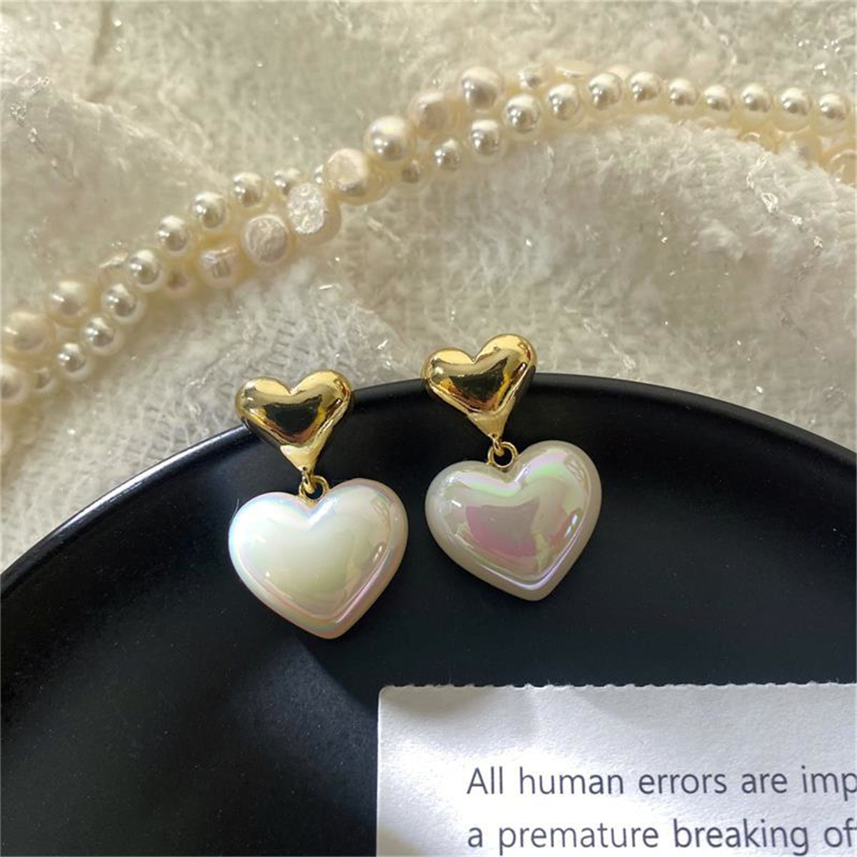 Pearl and 18K Gold-Plated Heart Drop Earrings, gold drop earrings for women, dainty minimalist design, detail close-up