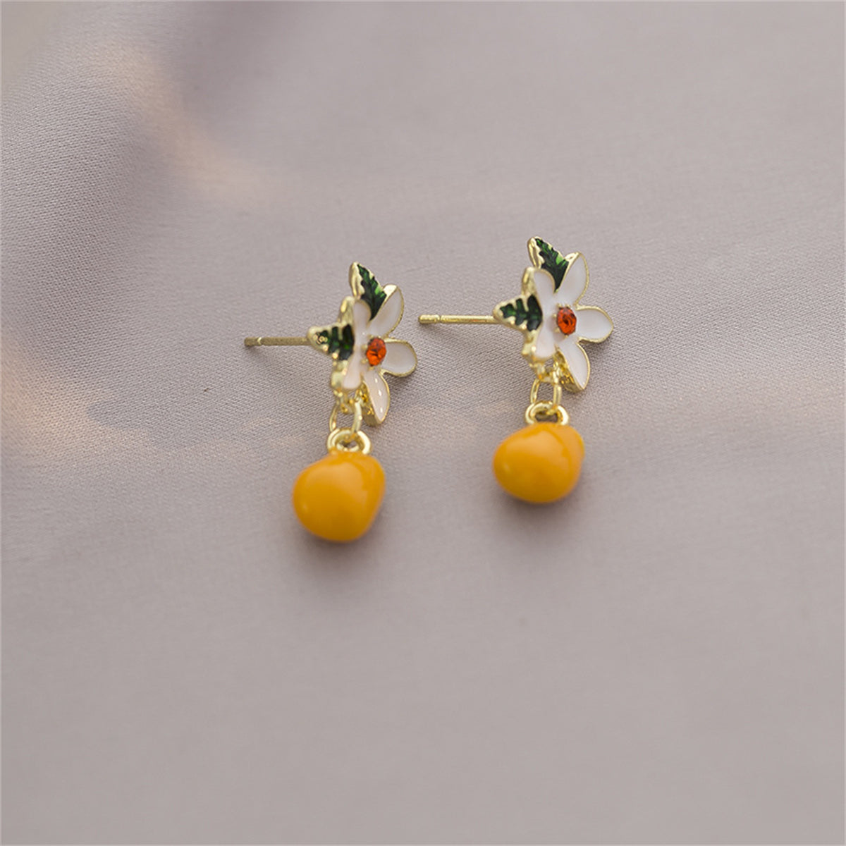 Cubic Zirconia and Orange Gardenia and Persimmon Drop Earrings, drop earrings for women, botanical inspired, side view