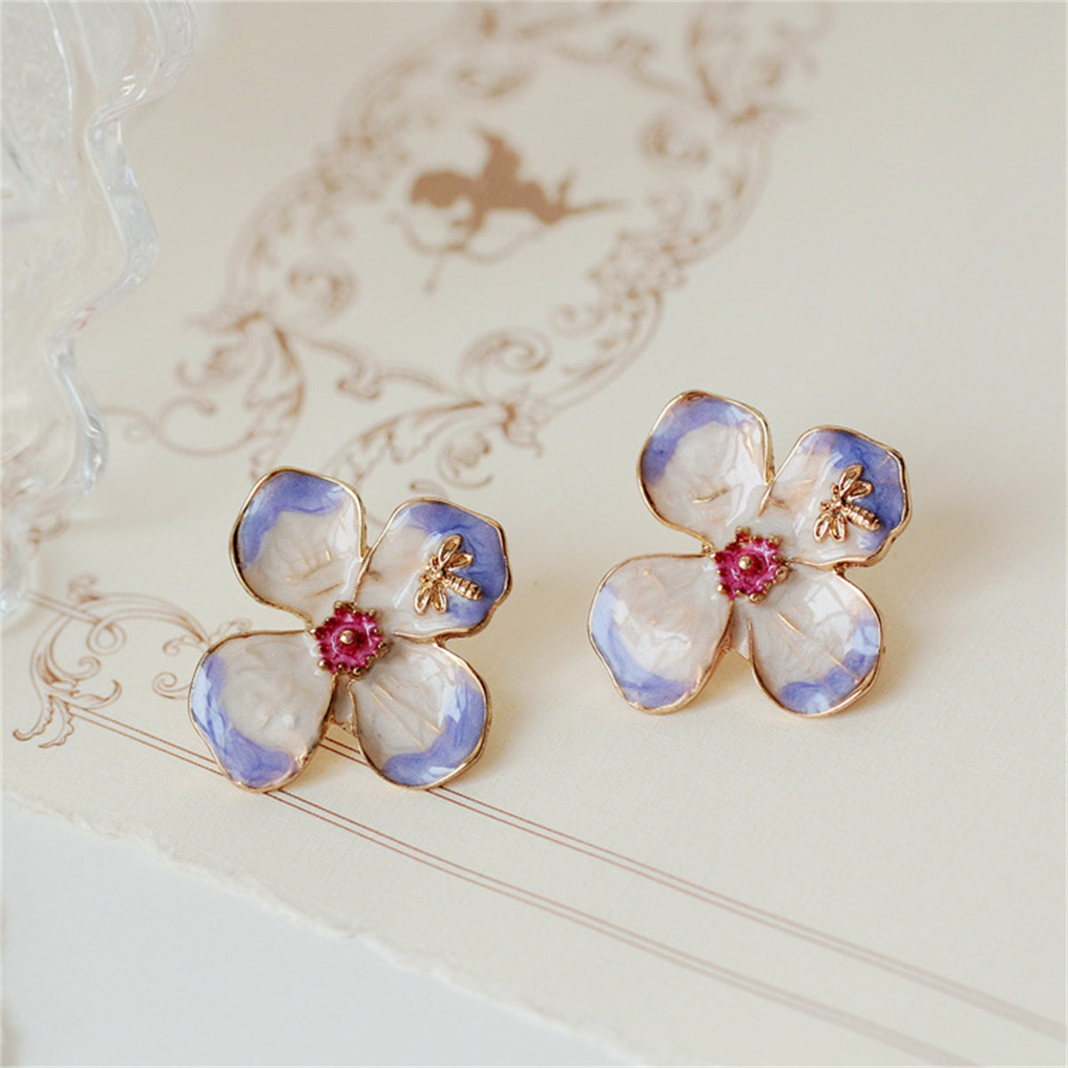 Purple Enamel and 18K Gold-Plated Bee Flower Stud Earrings, gold stud earrings for women, lifestyle look