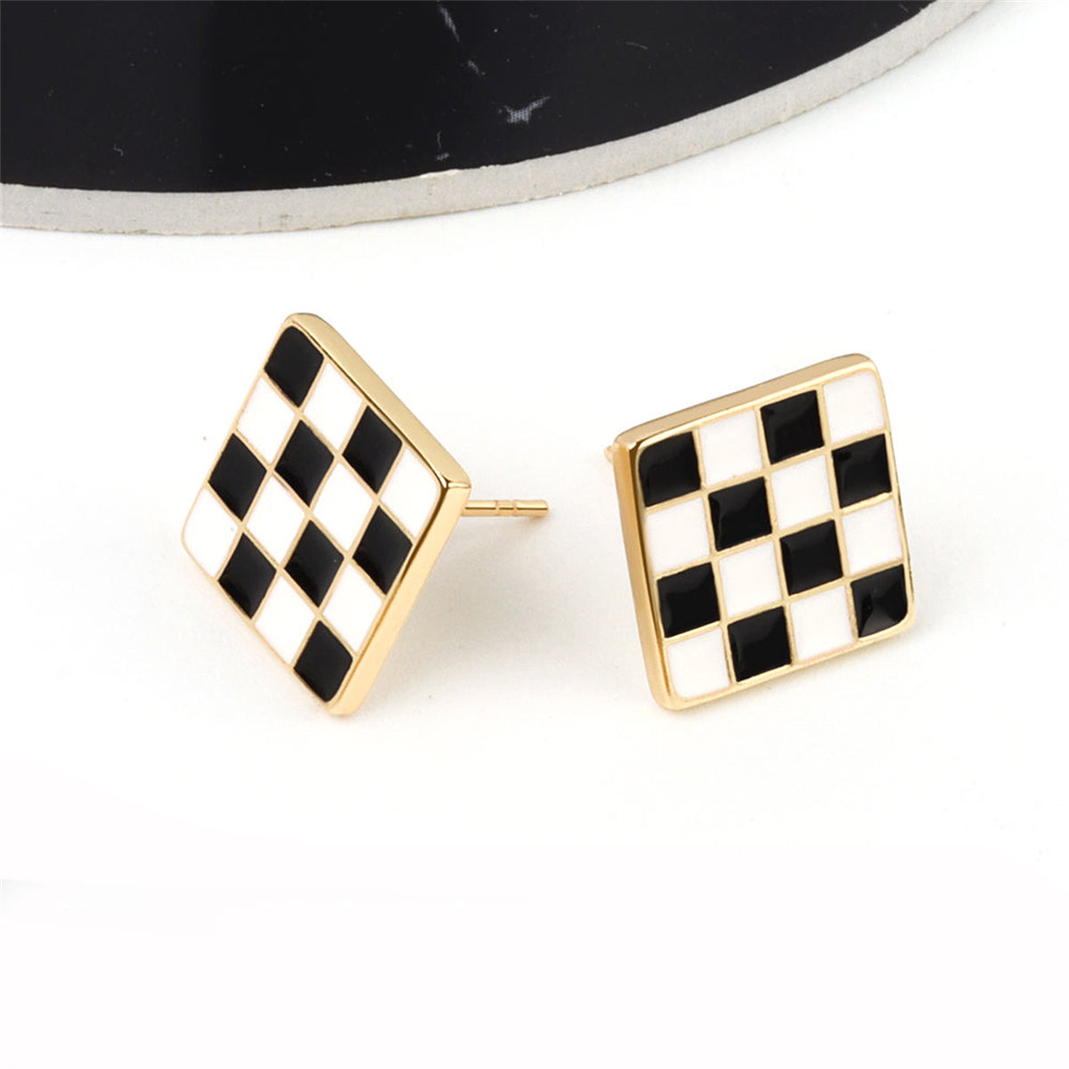 Black and White Plaid Square Stud Earrings, stud earrings for women, elegant gift for her, detail close-up