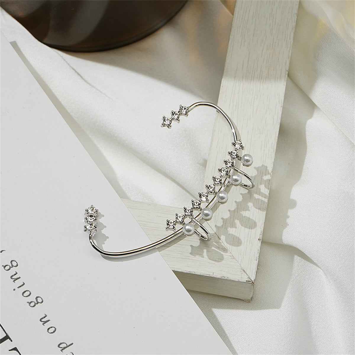 Cubic Zirconia and Pearl Curved Ear Cuff, stud earrings for women, everyday style, side view
