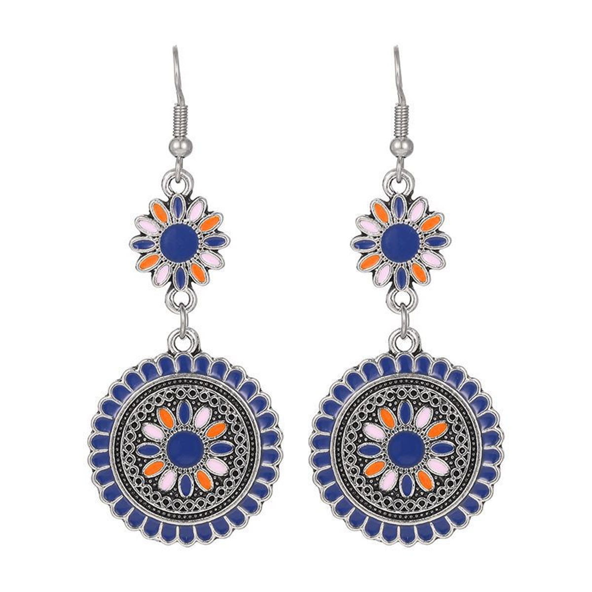Blue Enamel & Silver-Plated Sunflower Tiered Drop Earrings
