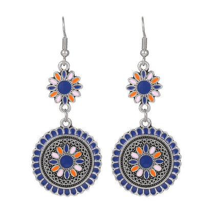 Blue Enamel & Silver-Plated Sunflower Tiered Drop Earrings