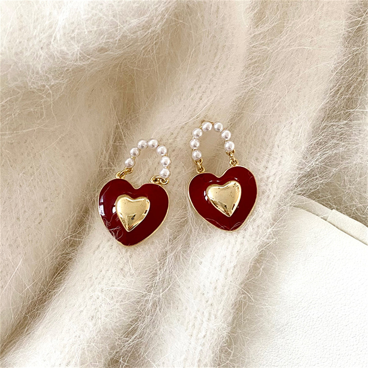 Red Enamel and Pearl 18K Gold-Plated Heart Drop Earrings, gold drop earrings for women, elegant gift for her, side view