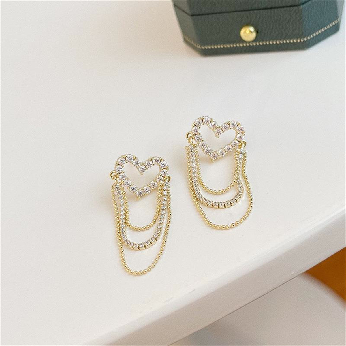 Cubic Zirconia and 18K Gold-Plated Heart Bead Tassel Drop Earrings, gold drop earrings for women, lifestyle look