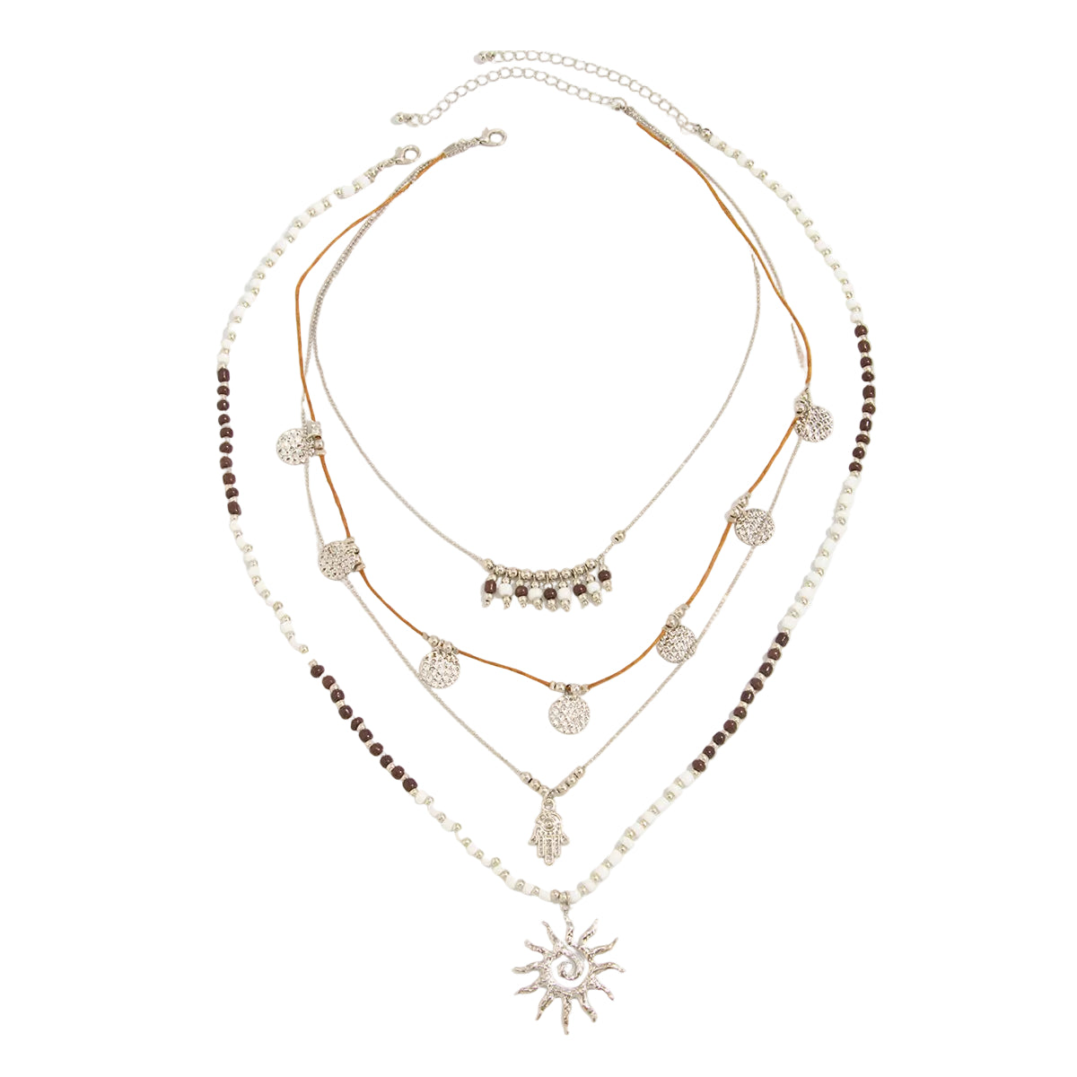 Black Howlite and Polyster Silvertone Hamsa Sun Pendant Necklace Set, silver pendant necklace for women, front view