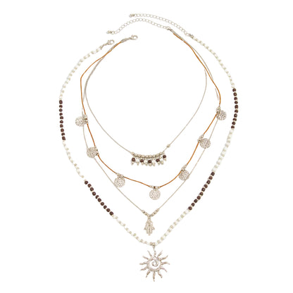 Black Howlite and Polyster Silvertone Hamsa Sun Pendant Necklace Set, silver pendant necklace for women, front view