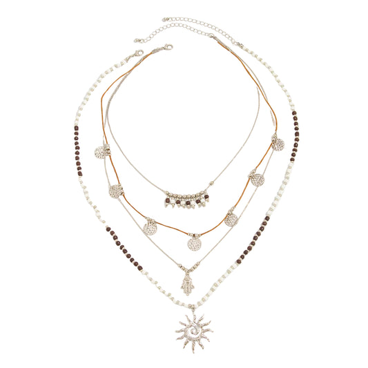 Black Howlite and Polyster Silvertone Hamsa Sun Pendant Necklace Set, silver pendant necklace for women, front view