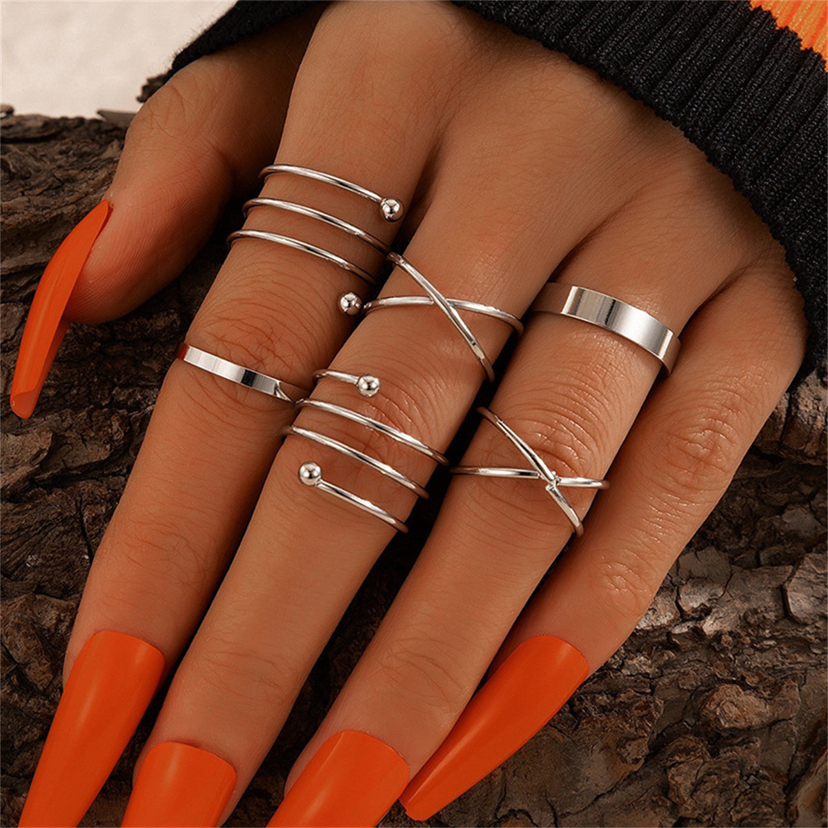 Silver-Plated Simplicity Stackable Ring Set, silver statement rings for women, elegant gift for her, front view