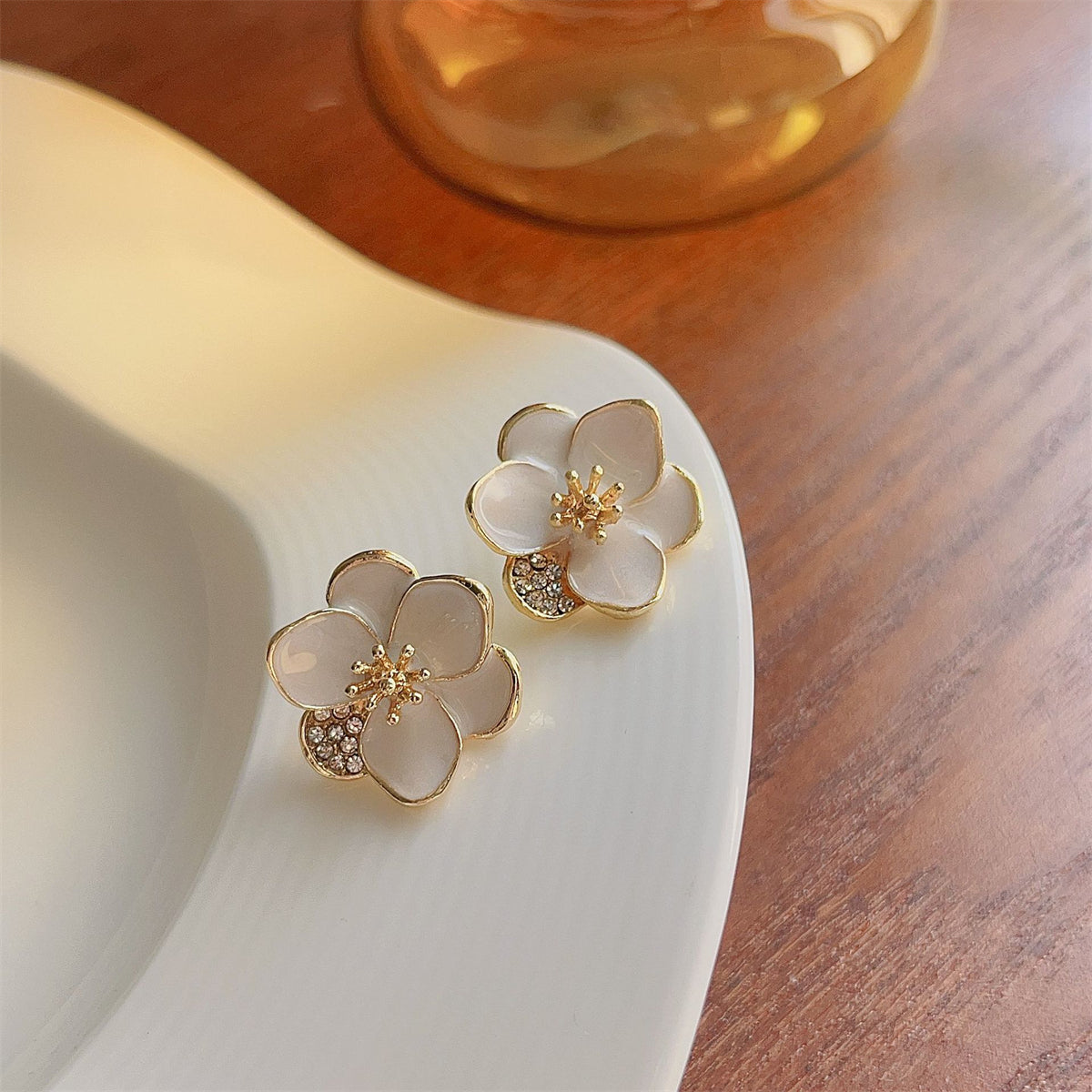 Cubic Zirconia and 18K Gold-Plated Floral Stud Earrings, gold stud earrings for women, vintage-inspired design, side view
