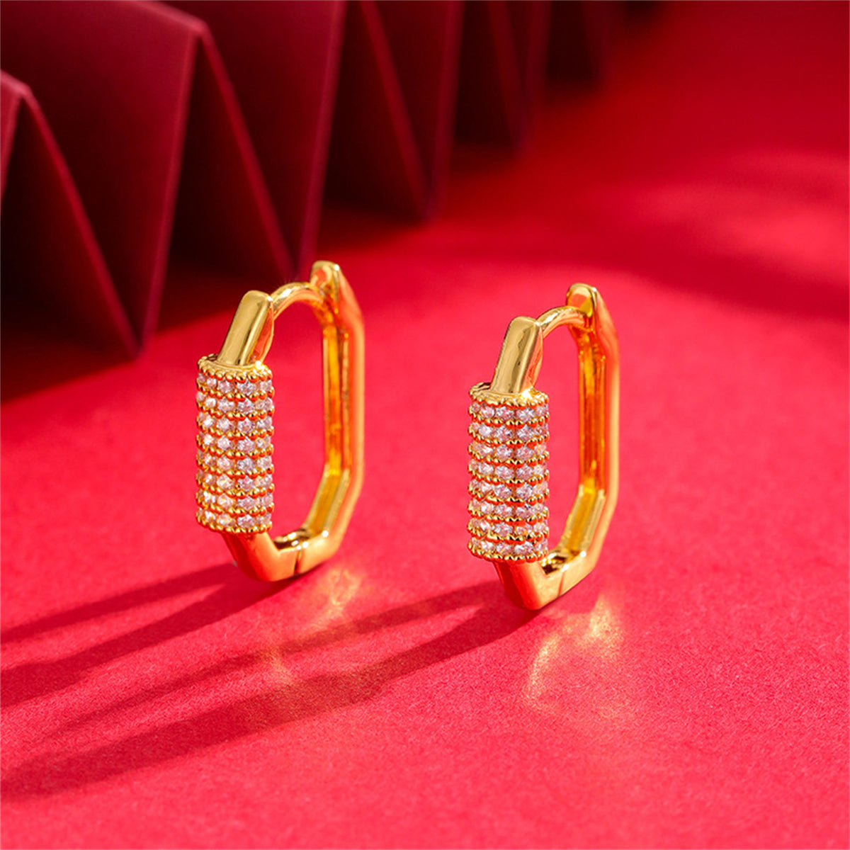 Cubic Zirconia and 18K Gold-Plated Hexagon Huggie Earrings, gold huggie earrings, elegant gift for her, detail close-up