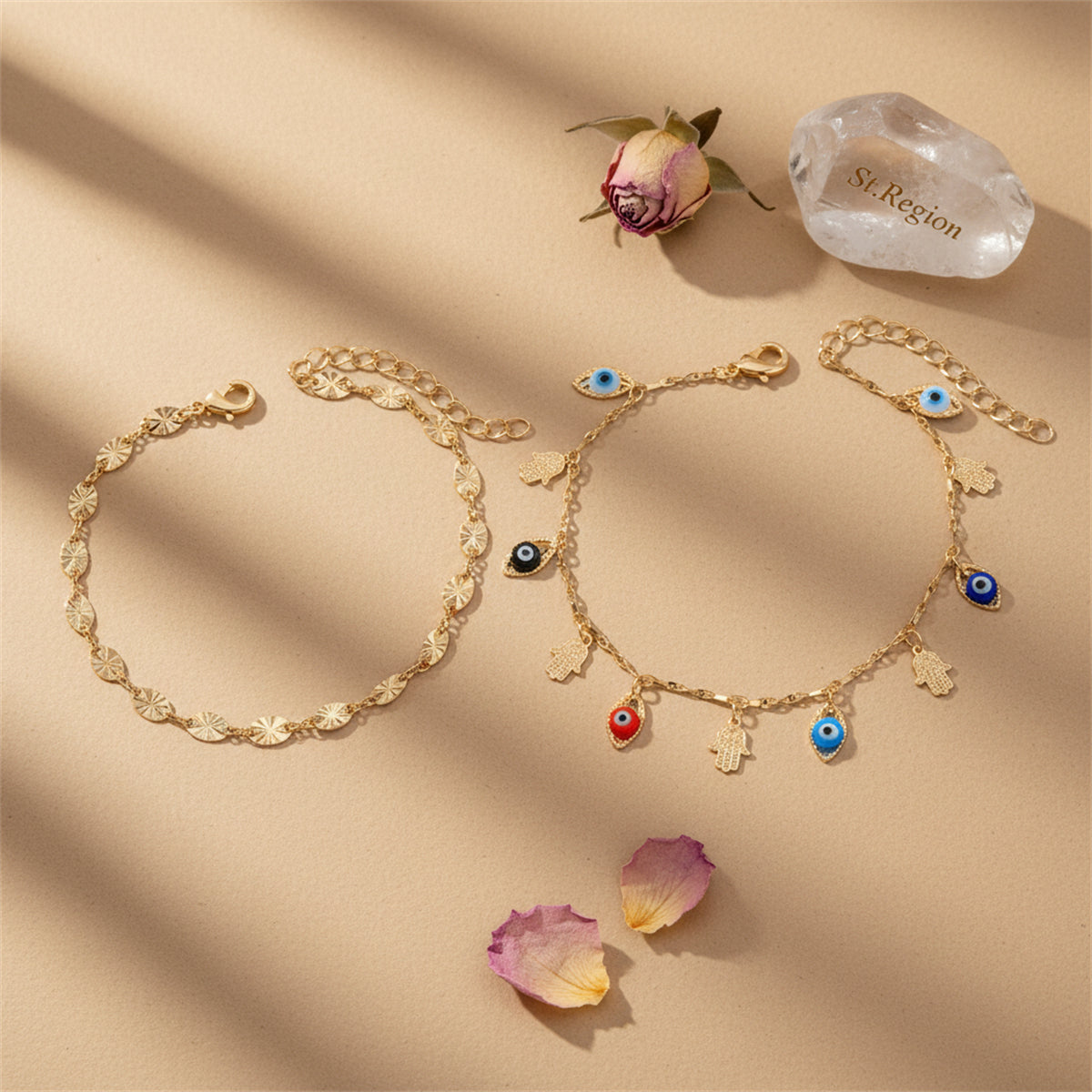 Multi-Colored Acrylic & Goldtone Eye Hamsa Station Anklet Set - Street Region