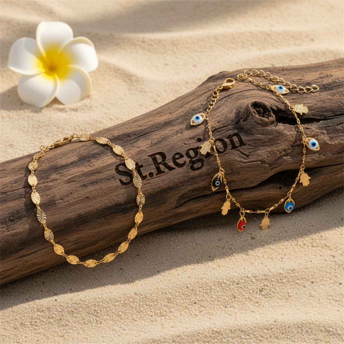 Multi-Colored Acrylic & Goldtone Eye Hamsa Station Anklet Set - Street Region