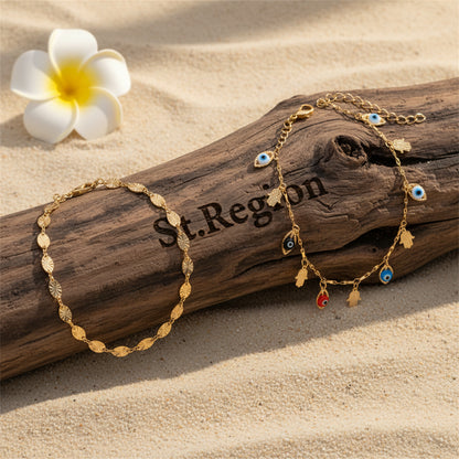 Multi-Colored Acrylic & Goldtone Eye Hamsa Station Anklet Set - Street Region