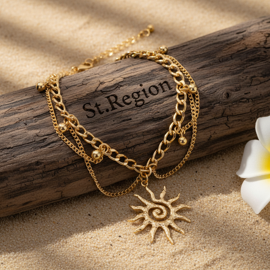 Goldtone Sun Charm Layered Anklet - Street Region