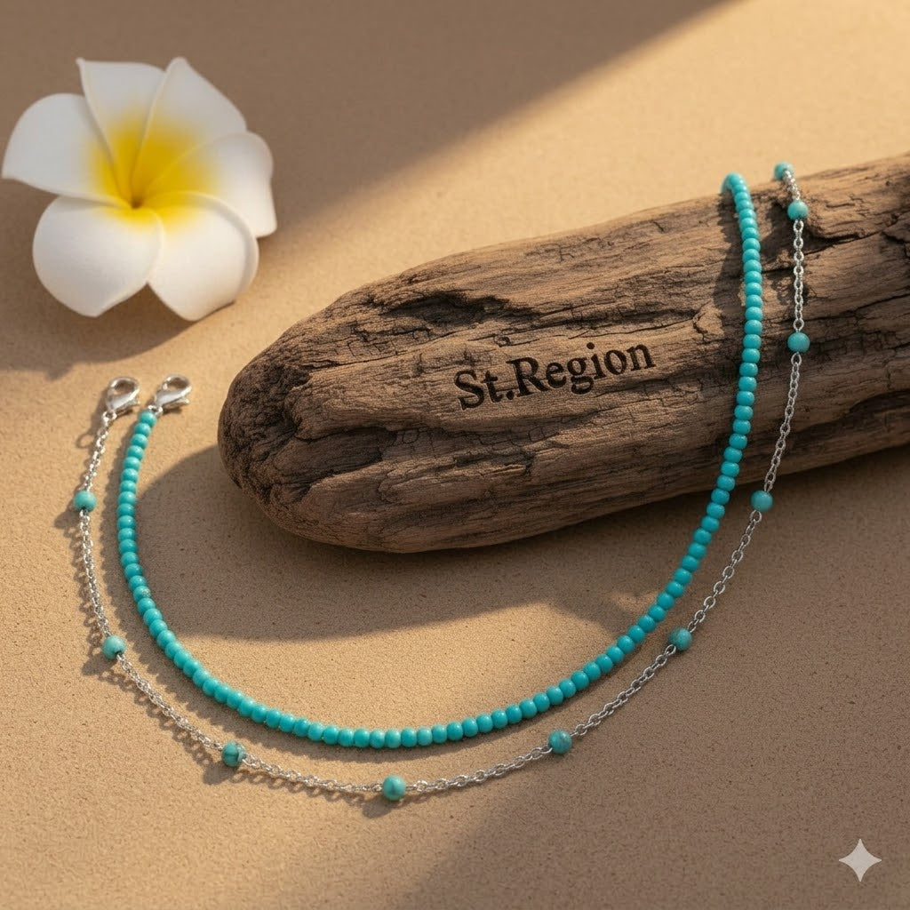 Turqouise & Silvertone Beads Chian Anklet Set - Street Region