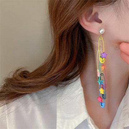 Pearl and Blue Acrylic Star Clip Tassel Drop Earring, drop earrings for women, dainty minimalist design, lifestyle look