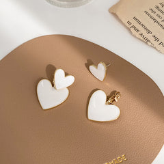 White Enamel & 18K Gold-Plated Double Heart Drop Earrings