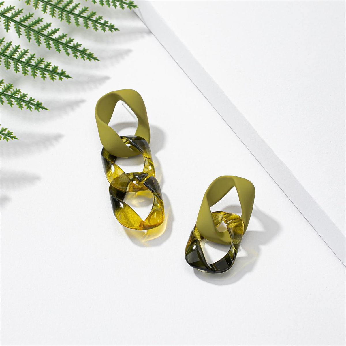 Green Acrylic and Silver-Plated Mismatched Chain Drop Earrings, silver drop earrings for women, botanical inspired, side view