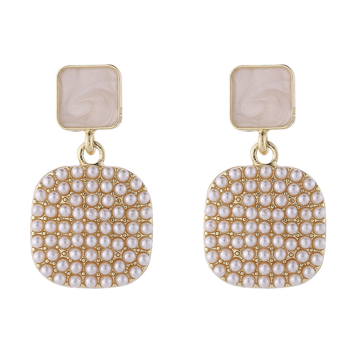 Enamel and Pearl 18K Gold-Plated Square Drop Earrings, gold drop earrings for women, botanical inspired, detail close-up