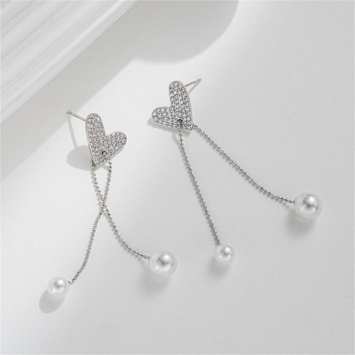 Cubic Zirconia & Pearl Silver-Plated Heart Bead Drop Earrings