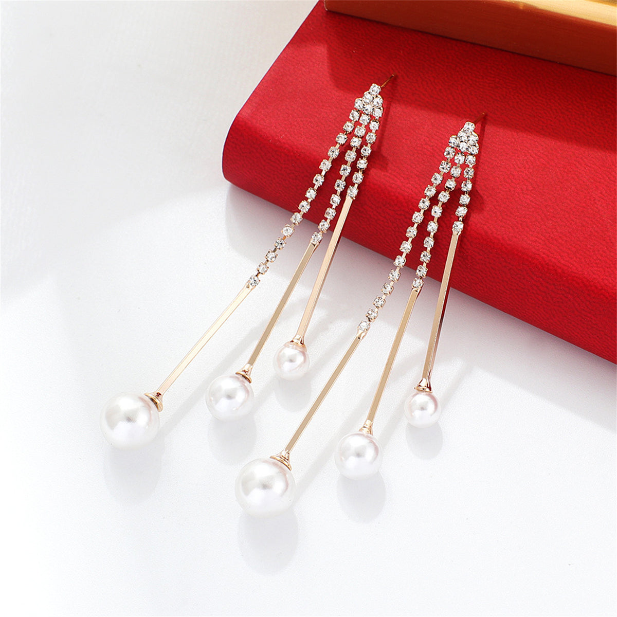 Pearl and Cubic Zirconia 18K Gold-Plated Bead Tassel Drop Earrings, gold drop earrings for women, side view
