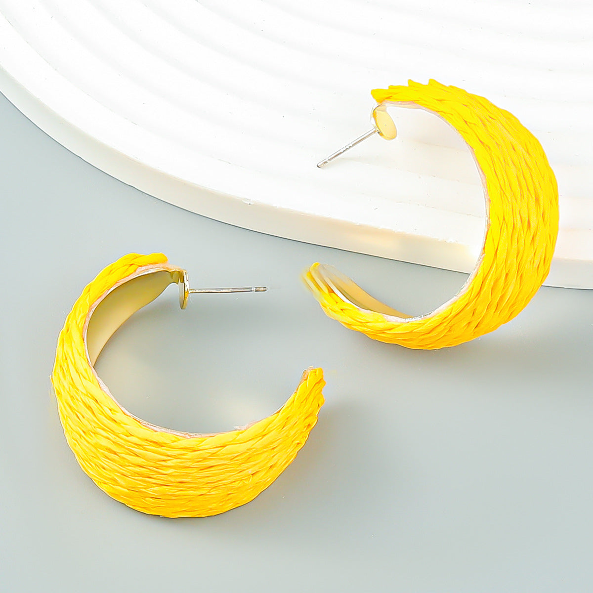 Yellow Raffia and 18K Gold-Plated Huggie Earrings, gold huggie earrings, elegant gift for her, styled look