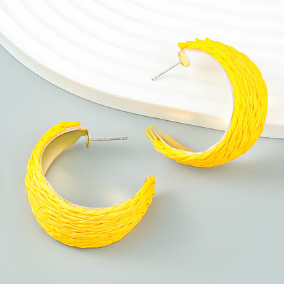 Yellow Raffia and 18K Gold-Plated Huggie Earrings, gold huggie earrings, elegant gift for her, styled look