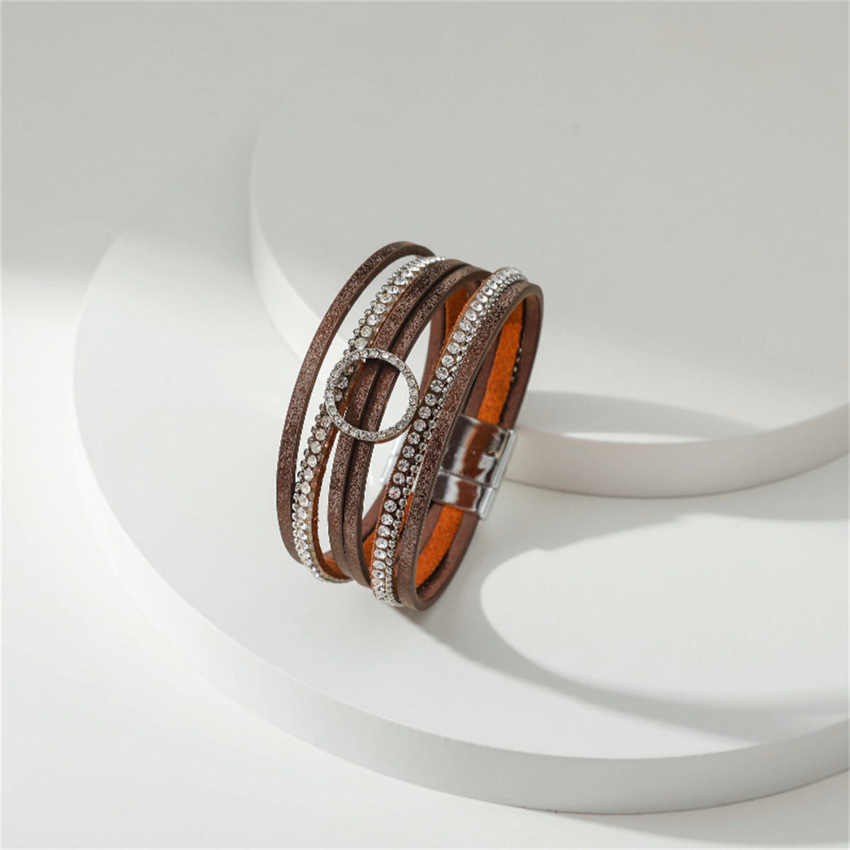 Brown Polystyrene and Cubic Zirconia Silver-Plated Bead-Chain Circle-Charm Bangle, silver bracelet for women, detail close-up