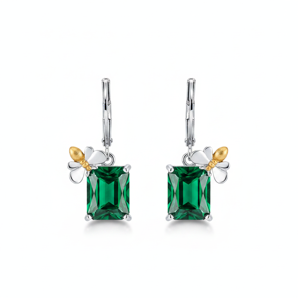 Green Crystal & Two Tone Sqaure Bee Huggie Earrings - Street Region