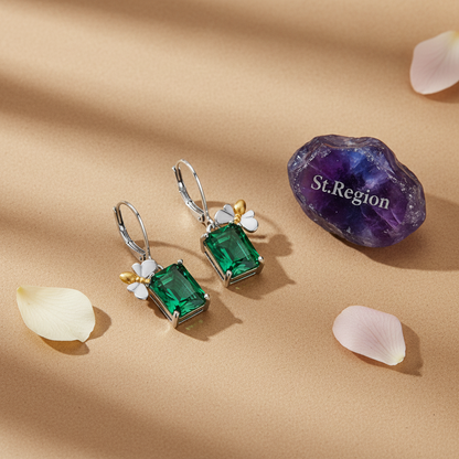 Green Crystal & Two Tone Sqaure Bee Huggie Earrings - Street Region