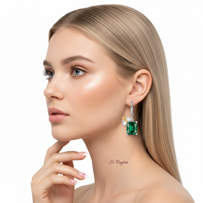 Green Crystal & Two Tone Sqaure Bee Huggie Earrings - Street Region