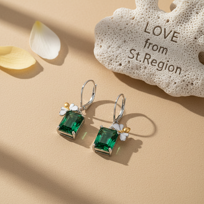 Green Crystal & Two Tone Sqaure Bee Huggie Earrings - Street Region