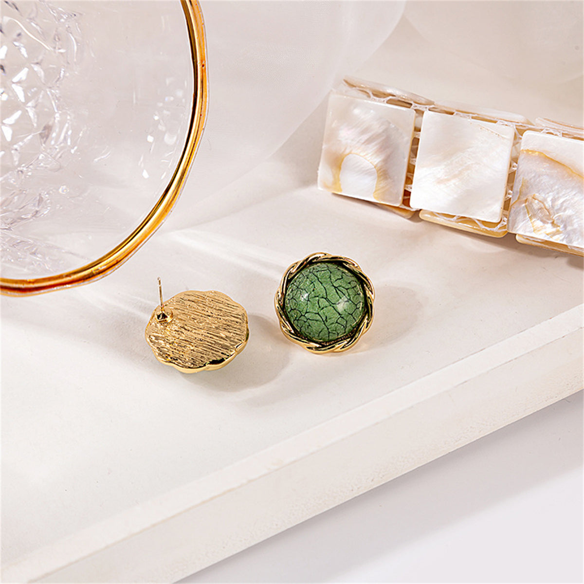 Green Resin & 18K Gold-Plated Twisted-Trim Round Stud Earrings