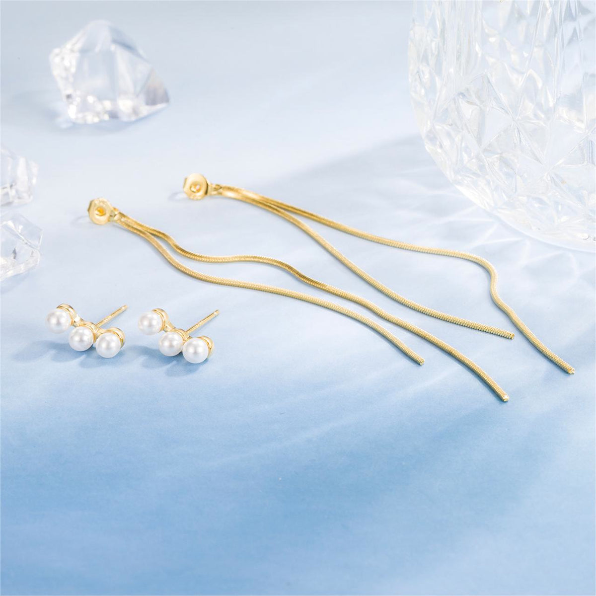 Pearl and 18K Gold-Plated Tassel Ear Jackets, gold drop earrings for women, dainty minimalist design, styled look