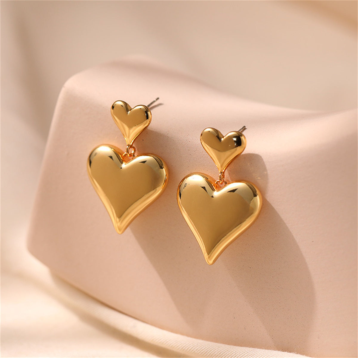 18K Gold-Plated Double Heart Drop Earrings, gold drop earrings for women, dainty minimalist design, front view