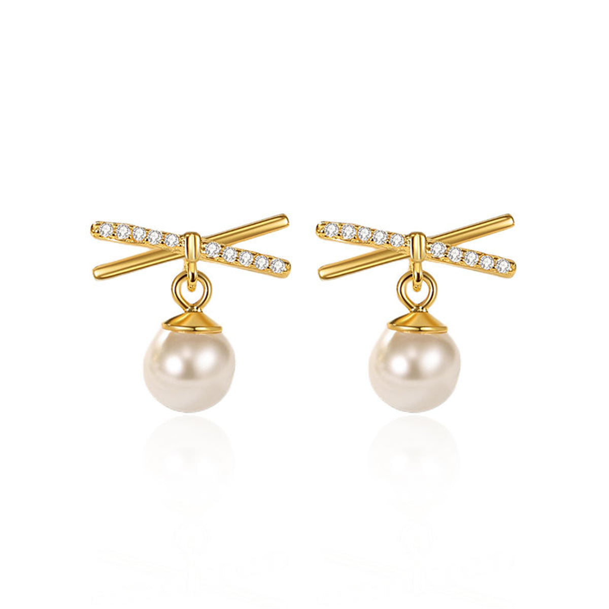 Cubic Zirconia and Pearl 18K Gold-Plated Drop Earrings, gold drop earrings for women, detail close-up