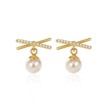 Cubic Zirconia and Pearl 18K Gold-Plated Drop Earrings, gold drop earrings for women, detail close-up