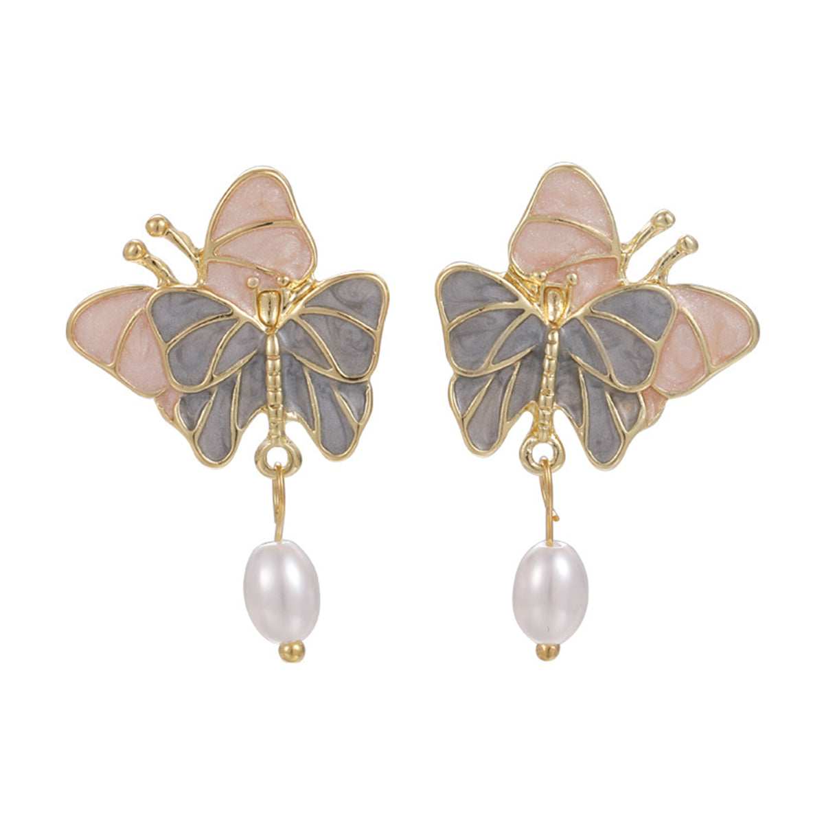 Pearl and Enamel Pastel Tiered Butterfly Drop Earrings, drop earrings for women, dainty minimalist design, front view
