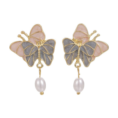 Pearl and Enamel Pastel Tiered Butterfly Drop Earrings, drop earrings for women, dainty minimalist design, front view