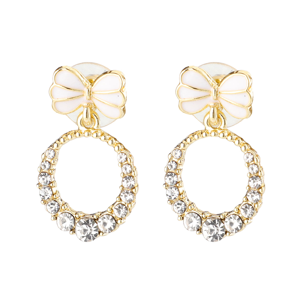 Cubic Zirconia and Enamel 18K Gold-Plated Bow-Accent Open Oval Drop Earrings, gold drop earrings for women, lifestyle look