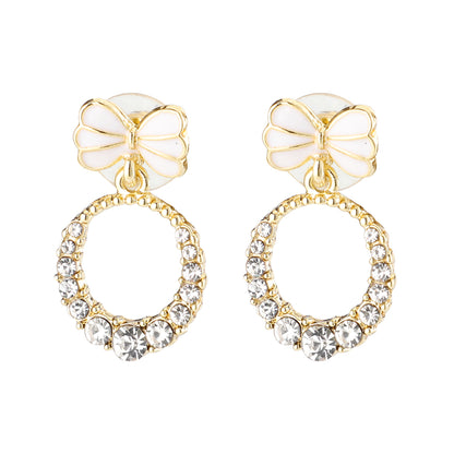Cubic Zirconia and Enamel 18K Gold-Plated Bow-Accent Open Oval Drop Earrings, gold drop earrings for women, lifestyle look