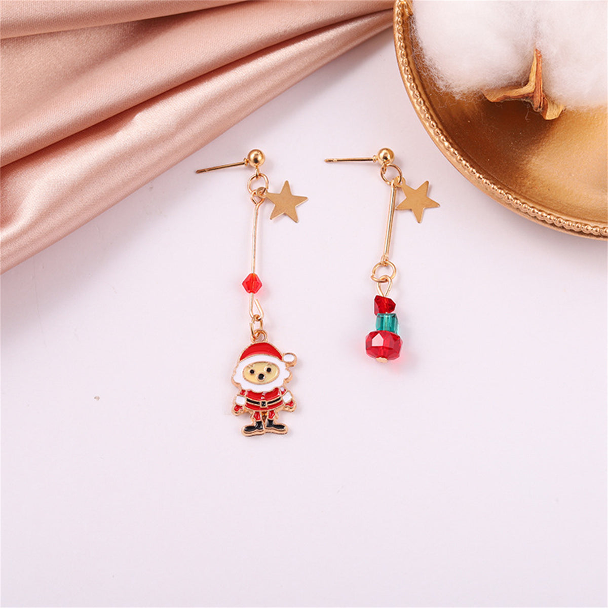 Red Enamel & 18K Gold-Plated Star & Santa Mismatched Drop Earrings
