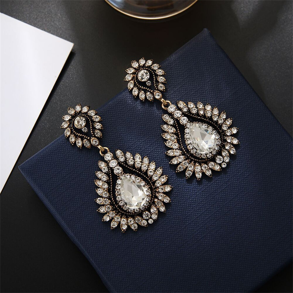 Crystal and Cubic Zirconia 18K Gold-Plated Teardrop Earrings, gold drop earrings for women, side view
