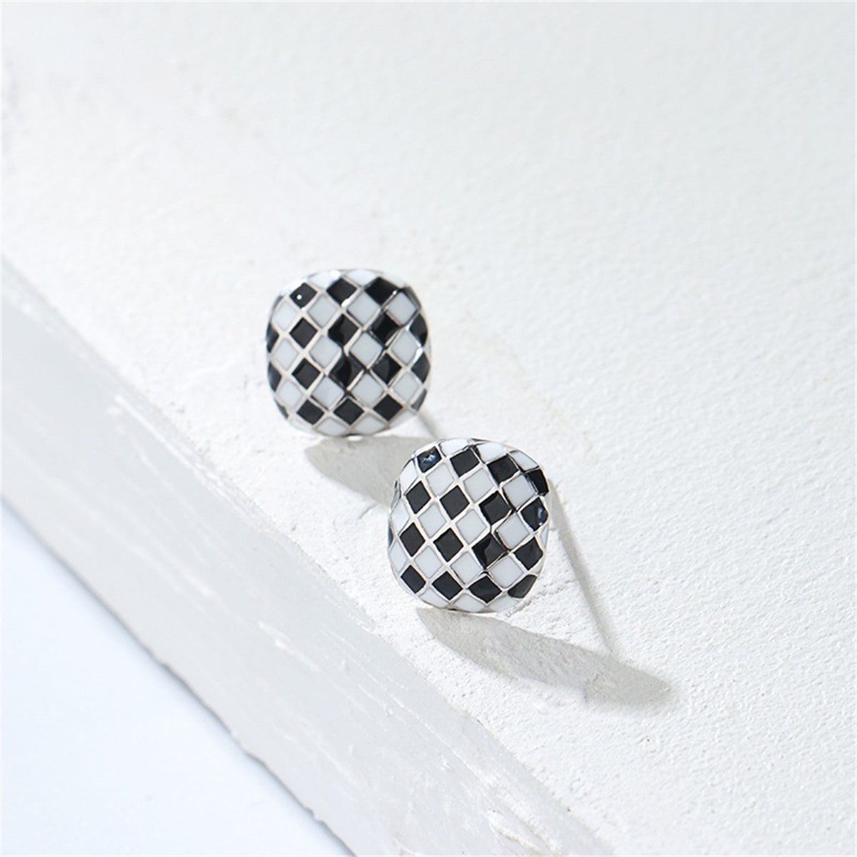 Black & White Silver-Plated Checkerboard Square Stud Earrings