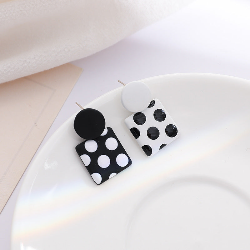 Black Enamel and Silver-Plated Spot Square Drop Earrings, silver drop earrings for women, detail close-up