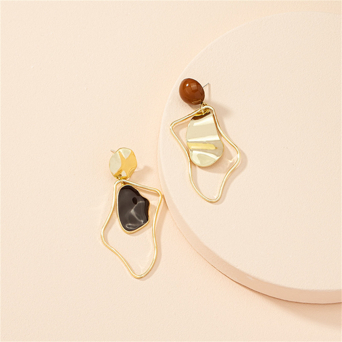 Black Enamel and 18K Gold-Plated Abstract Mismatched Drop Earrings, gold drop earrings for women, styled look