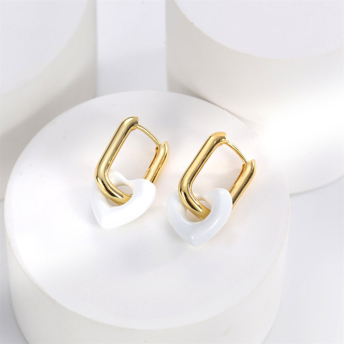 White & 18K Gold-Plated Heart Huggie Earrings