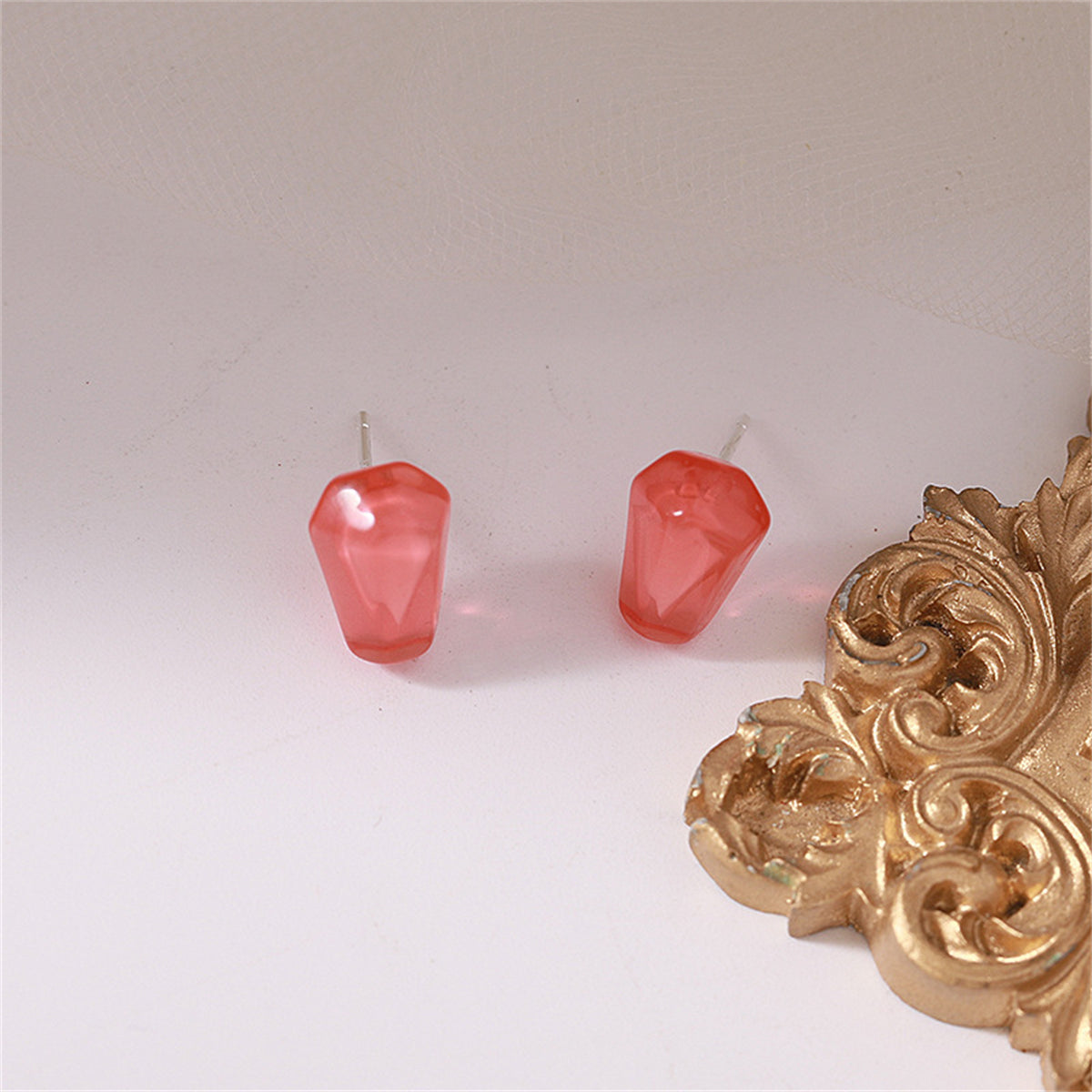 Red Resin and Silver-Plated Pomegranate Seed Stud Earrings, silver stud earrings for women, everyday style, side view