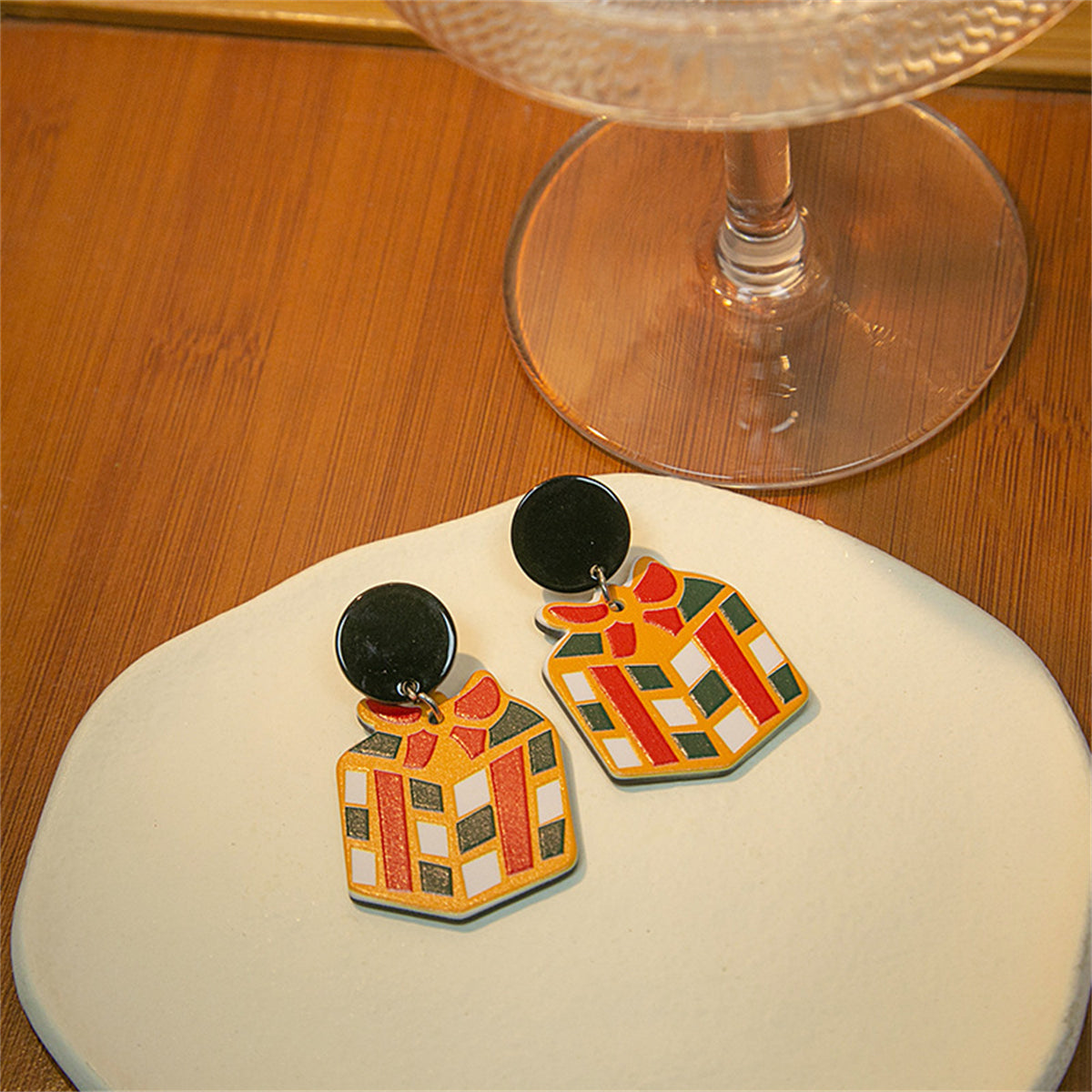 Red and Yellow Gift Box Drop Earrings, drop earrings for women, vintage-inspired design, detail close-up